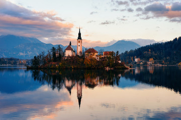 Wall Mural - Beautiful landscape of Bled Lake and Church Slovenia sunset