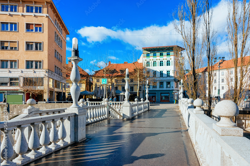 Obraz na płótnie Triple Bridge over Ljubljanica River in Ljubljana old town street w salonie