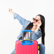 © anon - Traveler tourist woman in summer casual clothes.Asian Smiling woman wearing sun glasses.Passenger traveling abroad to travel on white background.