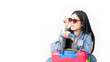 © anon - Traveler tourist woman in summer casual clothes.Asian Smiling woman wearing sun glasses.Passenger traveling abroad to travel on white background.