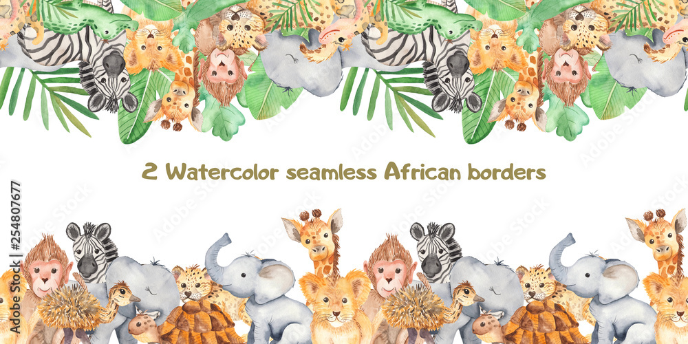 Watercolor seamless border with cute cartoon animals of Africa. Texture for wallpaper, packaging, scrapbooking, textiles, fabrics, children's clothing and design. - obrazy, fototapety, plakaty 