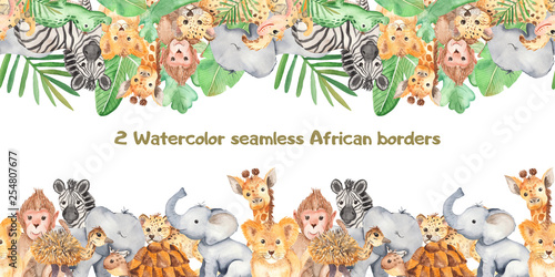 Watercolor seamless border with cute cartoon animals of Africa Wallpaper Mural