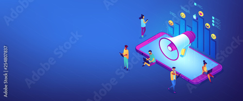 Social media marketing isometric 3D banner header. Fototapet