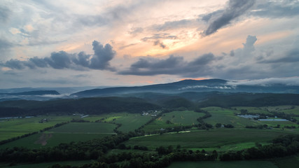 An aerial view of Moorefield, West Virginia at sunset in the summer