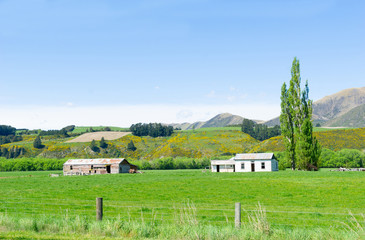 Poster - Rural land with fields and hills and old buildings,