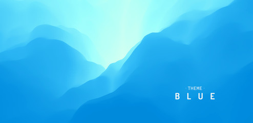 Blue abstract background. Water surface. Sky with clouds. Landscape with mountains. Vector illustration for design.