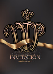 Wall Mural - Vip invitation banner with gold ribbon and calligraphic letters. Vector illustration