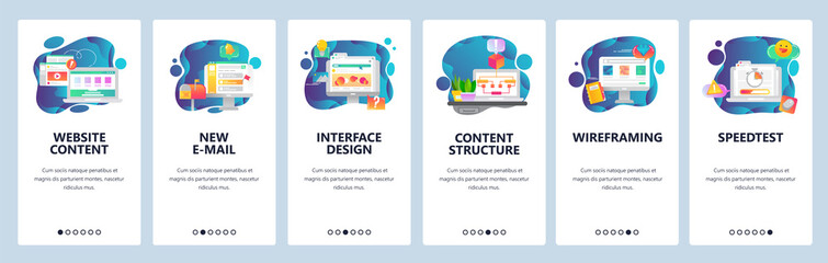 Mobile app onboarding screens. Design, content and wireframe interface. Menu vector banner template for website and mobile development. Web site design flat illustration.