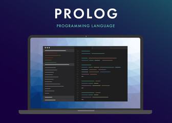 Prolog programming language vector icon. Learning concept on the laptop screen code programming. Command line Prolog interface with flat design and gradient purple background. 