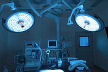 Equipment And Medical Devices In Modern Operating Room Take With Art Lighting And Blue Filter