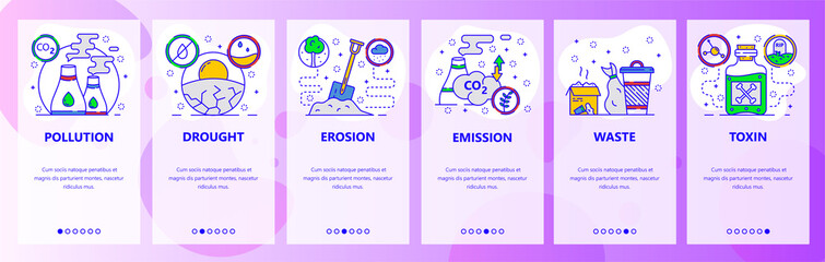 Wall Mural - mobile app onboarding screens. earth pollution, global warming and climate change, gas emission, was