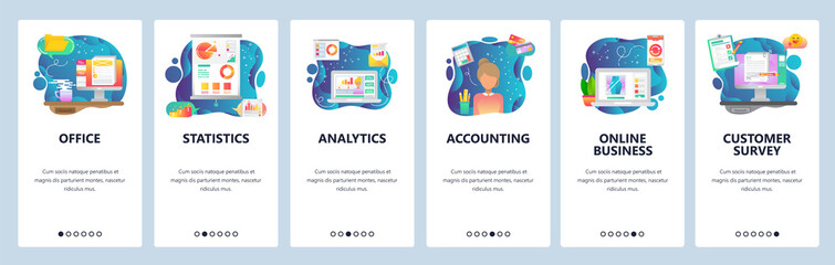 Wall Mural - mobile app onboarding screens. business financial analytics, office desk, accounting and online busi