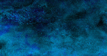 abstract sapphire night sky textured water color paint illustration. cosmic neon deep dark blue wate