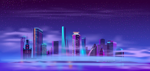 Wall Mural - Futuristic skyscraper buildings on river or ocean island covered thick fog or mist neon color cartoon vector. Metropolis district on artificial island night landscape. Modern city skyline illustration