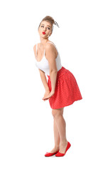 Poster - Playful pin-up woman on white background