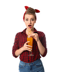 Poster - Surprised pin-up woman with cocktail on white background