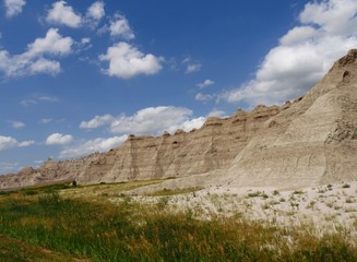 Wide shot of the rock formations at Badlands National Park in South Dakota, USA