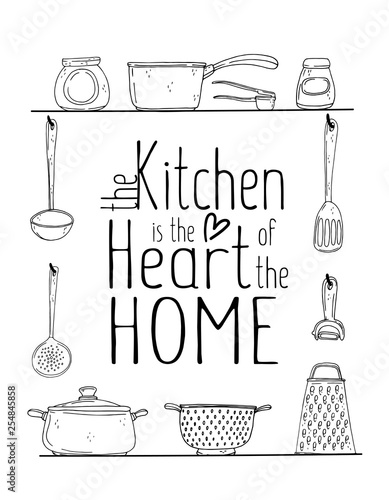Dekoracja na wymiar  plakat-do-kuchni-z-recznie-rysowane-naczynia-kuchenne-przyprawy-i-napis-na-bialym-tle