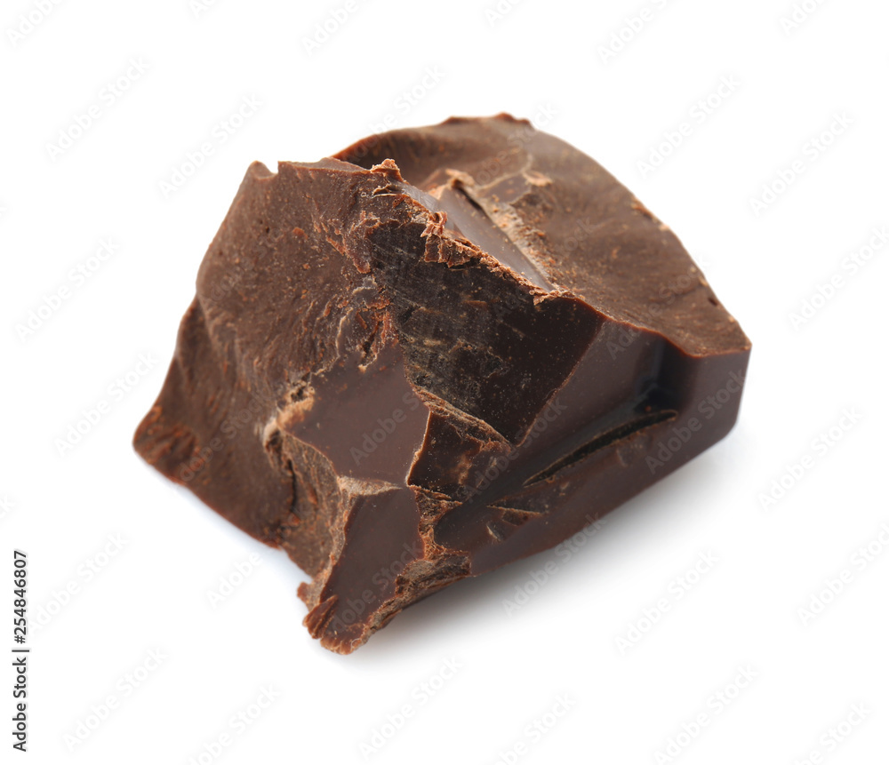Piece of tasty dark chocolate on white background