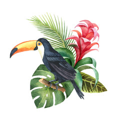 Wall Mural - Watercolor vector composition with Toucan, exotic leaves and flowers.