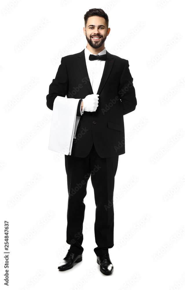 Handsome waiter on white background