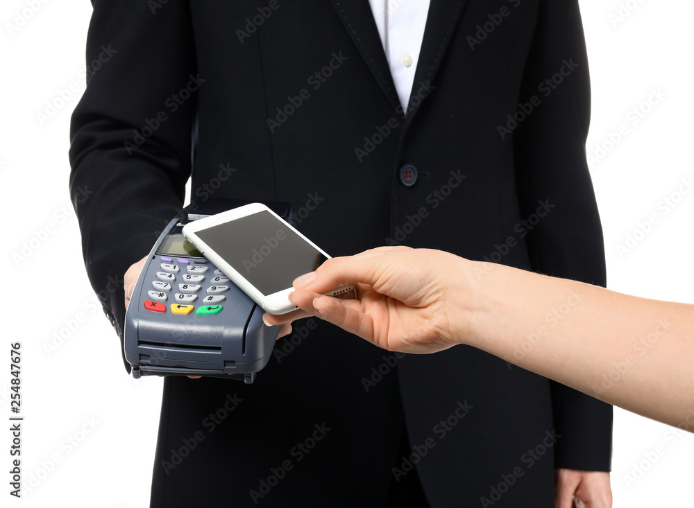 Waiter with terminal and woman paying for order on white background