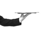 Fototapeta Panele - Hand of waiter with empty tray on white background