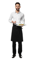 Wall Mural - Waiter with fresh salad on white background