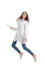 Sticker - Happy female doctor jumping against white background