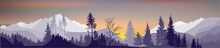 Grey Panorama With Sunrise In Mountains Forest