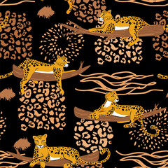 Wall Mural - Leopard seamless pattern. Safari style. Composition with leopards in different poses on branch and abstract brush strokes and textures. Vector illustration for textile, wrapping paper and packaging.