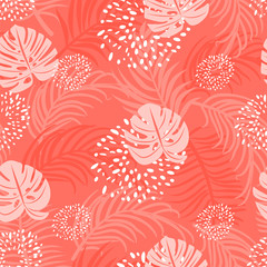 Wall Mural - Tropical leaves seamless pattern.Trendy living coral color. Tropical plants with abstract elements. Vector illustration for textile, postcard, fabric, wrapping paper, background, packaging.