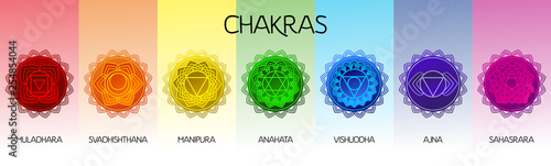 Chakras set: muladhara, swadhisthana, manipura, anahata, vishuddha, ajna, sahasrara Obraz na płótnie