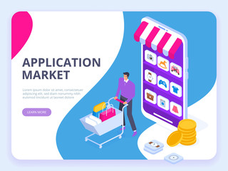 Wall Mural - application market concept. flat isometric vector illustration.