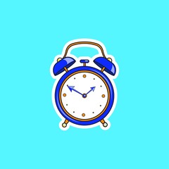 Wall Mural - Blue comic alarm clock. Vector bright dynamic cartoon object in retro pop art style isolated on blue background.