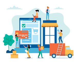 Wall Mural - online shopping concept illustration in flat style with little people. buying goods on internet, del