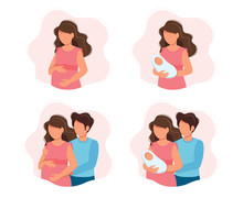 Pregnancy And Parenthood Concept Illustrations - Different Scenes With Pregnant Woman, Woman Holding A Newborn Baby, An Expecting Couple, Parents With A Baby. Vector Illustration In Cartoon Style.