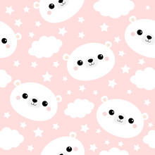 White bear bunny face. Seamless Pattern. Cloud in the sky. Cute cartoon kawaii funny smiling baby character. Wrapping paper, textile template. Nursery decoration. Pink background. Flat design