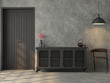 Industrial loft style room 3d render,There are polisshed concrete floor and wall,black wood door ,Furnished with metal cabinet and chair,Sunlight shining into the room.