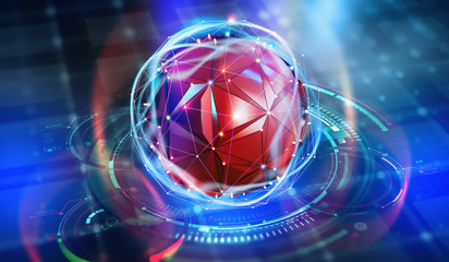 Aufkleber - Future processor. Quantum CPU in the nanotech computer network. 3d illustration of digital cyberspace with HUD element
