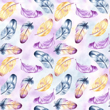 Vintage Feathers Design. Retro Watercolour Seamless Pattern. Isolated On Watercolor Background. It Can Be Used For Card, Postcard, Cover, Invitation, Wedding Card, Mothers Day Card, Birthday Card