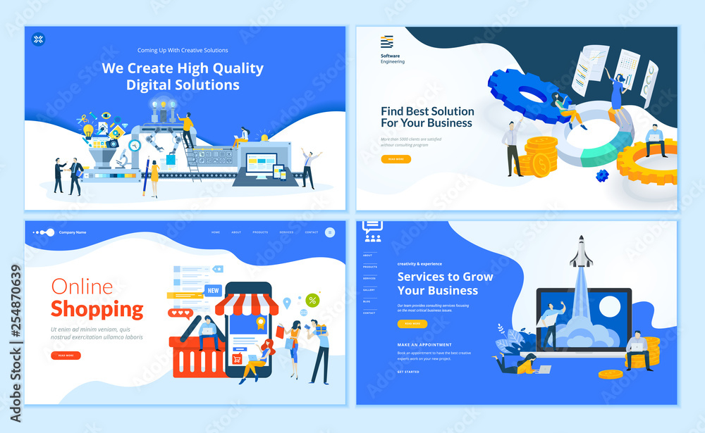 Set of flat design web page templates of  web development, business apps and solutions, startup, online shopping. Modern vector illustration concepts for website and mobile website development.  - obrazy, fototapety, plakaty 