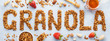 Word granola made of baked oat granola. Banner.