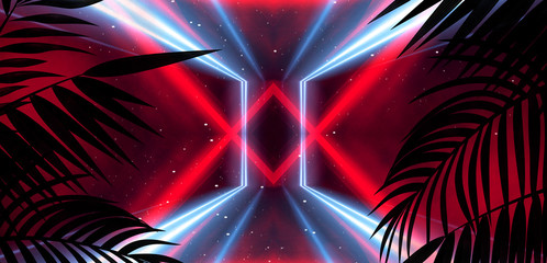 Wall Mural - background of the dark room, tunnel, corridor, neon light, lamps, tropical leaves. abstract backgrou