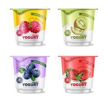 Fruits Yogurt Set Vector Realistic. Berry, Raspberry And Kiwi Collections