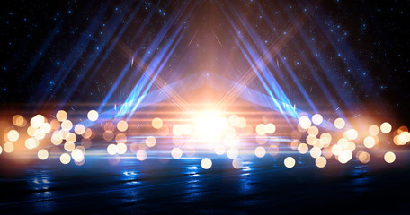 Wall Mural - Wet asphalt, reflection of neon lights, a searchlight, smoke. Abstract light in a dark empty street with smoke, smog. Dark background scene of empty street, night view, night city.