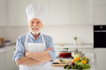 Poster - Close up photo cheer grey haired he his him grandpa hands arms crossed master class ready making favorite dish self-confident  wearing chefs costume casual checkered plaid shirt outfit house kitchen