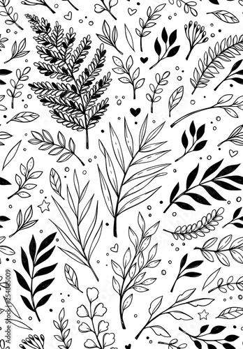 Spring seamless pattern. Botanical background with eucalyptus, branches, fern...
