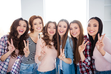 Poster - Portrait of her she nice-looking sweet adorable lovely charming attractive cheerful cheery ladies get-together showing v-sign dream in light white interior room indoors