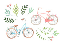 Hand Drawn Watercolor Illustration - Romantic Bike With Floral Elements. City Bicycle. Amsterdam. Perfect For Invitations, Greeting Cards, Posters, Prints